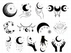 the moon and stars are drawn in different ways, with hands reaching up to each other