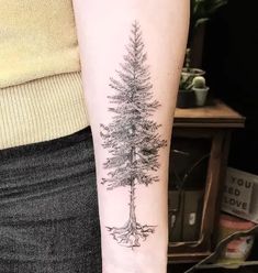 a small pine tree tattoo on the arm