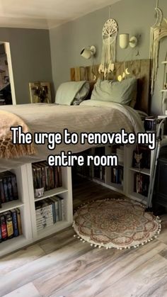 a room with a bed, bookshelf and rugs on the floor in front of it