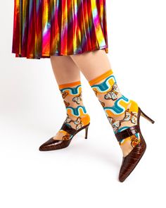 Socks and heels styling novelty socks for women Trendy Multicolor Socks For Spring, Trendy Orange Socks For Spring, Mid-calf Socks, Fitted Multicolor Summer Socks, Sock Styling, Sock Candy, Whimsical Butterflies, Statement Socks, Candy Design