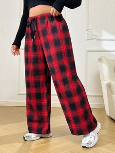 Plus Size Women's Red Plaid Pants Red Casual   Woven Fabric Plaid Wide Leg Non-Stretch  Women Plus Clothing, size features are:Bust: ,Length: ,Sleeve Length: Cute Christmas Pajamas, Christmas Pants, Red Plaid Pants, Christmas Pajama Pants, Shapewear Tops, Hem Sweater, Valentino Rossi, Plus Size Pants, Retro Women