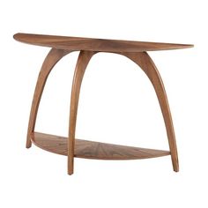 a wooden table with a curved shelf on it's side, against a white background