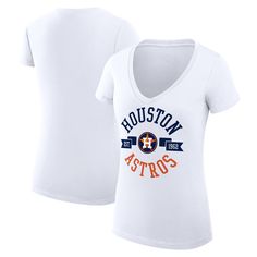 the houston astros women's white v - neck t - shirt has an orange and blue