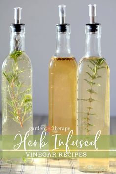 three bottles with herbs in them and the words herb infused vinegar recipes written below it