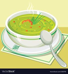 a bowl of green soup on a plate with a spoon and napkin next to it