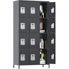 a large metal locker with many compartments