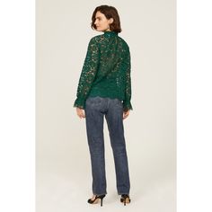 Green lace (68% Nylon, 32% Cotton). Top. Long sleeves. Mock neck. Back button closure. 25" from shoulder to hemline. Imported. Fall Workwear Lace Top With Lace Trim, Fall Lace Top For Workwear With Lace Trim, Spring Lace Top For Workwear, Casual Lace Top With Lace Collar For Fall, Fall Workwear Blouse With Lace Trim, Lace Blouse With Lace Cuffs For Fall, Long Sleeve Lace Top For Fall Workwear, Chic Scalloped Lace Top For Fall, Lace Tops With Lace Cuffs For Work