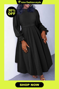 Black Crewneck Balloon Sleeve Cinched Waist Loose A-line Silhouette  Evening Wedding Party Pleated Maxi Dress Black Wedding Party, Party Maxi Dress, Black Evening Gown, Denim Jacket With Dress, Plus Size Bodycon, Bodycon Maxi Dresses, Maxi Dress Online, Black Crewneck, Lace Dress Long