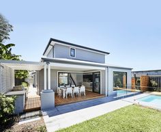 a house with a swimming pool in the back yard and covered patio area next to it