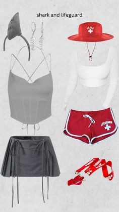 three different types of clothing and accessories on display with caption that reads, shark and lifeguard