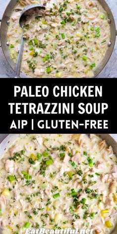 two pictures of chicken tetrazzini soup in a pan