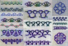 many different types of stitching are displayed on a white cloth with purple and green designs