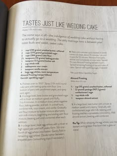 an open book with instructions on how to make a wedding cake