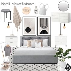 a bedroom with white and gray decor, black and white accessories and pictures on the wall