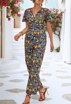 The Emes Shop jumpsuit is detailed with a fancy geometric print. Features a surplice neck line. flutter sleeves. straight leg silhouette. and regular fit. Pair it with a fedora hat and sandals for a chic look.MATERIAL:95% Polyester 5% SpandexMEASUREMENTS: Product Length 56"-57.5"in 4-6-Small | Waist: 25"-26.5"in | Chest: 33"-34.5"in | Hips: 33.5"-35"in 6-8-Medium | Waist: 26.5"-28"in | Chest: 34.5"-36"in | Hips: 35"-36.5"in 8-10-Large | Waist: 28"-29.5"in | Chest: 36"-37.5"in | Hips: 36.5"-38"in Elegant Short Sleeve Jumpsuits And Rompers For Vacation, Elegant Short Sleeve Jumpsuits And Rompers For Beach, Elegant Short Sleeve Beach Jumpsuits And Rompers, Fitted Patterned Jumpsuits And Rompers For Summer, Fitted Patterned Summer Jumpsuits And Rompers, Jumpsuits And Romper, Jumpsuit With Sleeves, Printed Jumpsuit, Jumpsuit Fashion