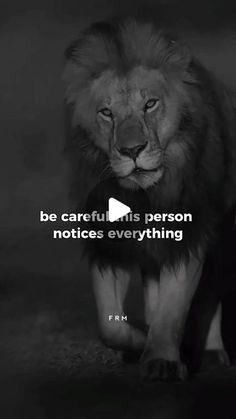 a black and white photo of a lion with the quote be careful his person notices everything