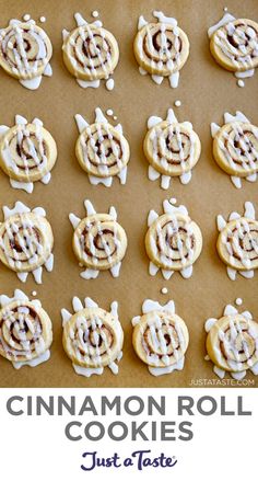 Cinnamon roll cookies with a heavy drizzle of icing atop brown parchment paper. Bite Size Holiday Desserts, Cookies With Icing, Holiday Baking List, Baking List, Cinnamon Roll Cookies, Bite Size Cookies, Cookie Recipes Unique, Just A Taste, Cinnamon Cookies