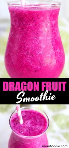 dragon fruit smoothie in a glass with a straw on top and the text dragon fruit smoothie above it