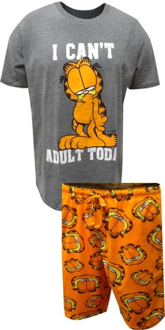 Don't you wish you could curl up and take a nap? Garfield has the right idea- no adulting today! These pajamas for men feature everyone's favorite cat. The gray tee shirt is paired with printed sleep jams, which are about knee length. Pajama bottoms have a drawstring tie with an elastic waist and two pockets. Funny Pajamas Men, Weird Pajamas, Garfield Pajamas, Garfield Outfit, Garfield Images, Tee Shirt Outfit, Silly Clothes, Silly Shirt, Garfield Cat