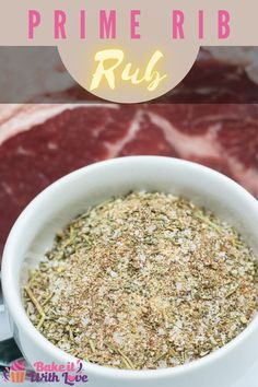 a white bowl filled with herbs next to meat