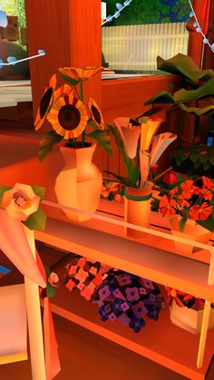 there are many vases and flowers on the table in this room, including sunflowers