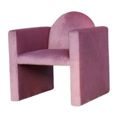 a pink chair sitting on top of a white floor