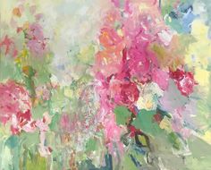 an abstract painting of pink flowers in vases