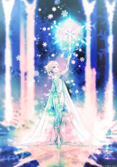 a girl in a white dress holding a star above her head and surrounded by snowflakes