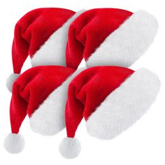 three red and white santa hats on top of each other