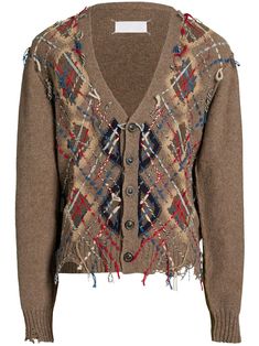 beige/multicolour wool blend knitted construction patterned intarsia knit decorative stitching ripped detailing distressed effect ribbed trim V-neck front button fastening long sleeves ribbed cuffs and hem straight hem Argyle Cardigan, Cardigan Beige, Patterned Cardigans, Beige Cardigan, Mens Cardigan, Knitwear Men, Boutique Online, Tk Maxx, Knit Fashion