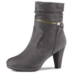 This high ankle boots featuring a chunky heel, round toe style finished with zipper closure for a bit of eye - catching movement every time you take a step.Round Toe Side Zip Booties;Slouchy Shaft Style;Ankle High Stylish Women Boots;Vamp: Faux Suede; Outsole: Rubber; Heel: ABS;Heel Height: 3 3/8 inches;Platform Height: 3/5 inches;Shaft Height: 6 1/9 inches. Gray Shoes Women, Chunky Ankle Boots, Chunky Heel Ankle Boots, High Ankle Boots, Ankle Shoes, Womens Chunky Heels, Grey Boots, Womens Mid Calf Boots, Platform High Heels