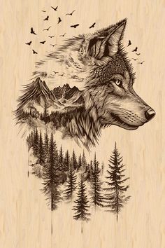 Double Exposition, Mountain Scene, Wildlife Art, Double Exposure, Beautiful Wall Art, Pyrography, Rustic Charm, Digital Download Etsy, Lovers Art