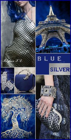 blue and silver collage with the eiffel tower in the background