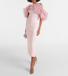 Off-shoulder feather-trimmed midi dress in pink - David Koma | Mytheresa Pink Feather Trim Dress, Fitted Feather Trim Dress For Gala, Fitted Feather Trim Gala Dresses, Luxury Feather Trim Dress For Evening, Chic Evening Dress With Feather Trim For Gala, Luxury Spring Dress With Feather Trim, Elegant Evening Maxi Dress With Feathers, Elegant Maxi Dress With Feather Trim, Evening Maxi Dress With Feather Trim