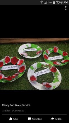 three paper plates with flowers on them sitting in the grass