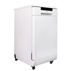 a white dishwasher sitting on top of a black wheel base with the door open