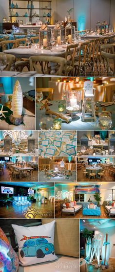 a collage of photos showing various tables and chairs with lights in the middle one has an airplane on it