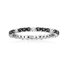 Ross-Simons - .50ct t. w. Black, White Diamond Eternity Band Ring in Gold. Size 9. Our eternity band boasts the sleek sparkle of alternating .37 ct. t. w. black diamonds and .13 ct. t. w. white diamonds in a chic contrast. Set in polished 14kt white gold, it's the perfect ring for stacking! Black diamonds are set in black rhodium for a seamless look. 1/16" wide. White and black diamond eternity band. Diamond birthstones are the perfect gift for April birthdays. Black Diamond Band, Diamond Ring Silver, Black Diamond Earrings Studs, Black Diamond Solitaire, Jewelry Presentation, Black Wedding Band, Baguette Diamond Rings, Diamond Birthstone, Diamond Eternity Band