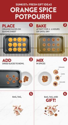 the instructions for how to make orange spice potpouri with baking supplies on them