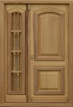 a wooden cabinet with two doors on the front and one door open to show wood trimming