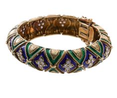 1960s 14k gold bracelet, adorned with approx. 2.60ctw SI1/H diamonds, blue and green enamel. DESIGNER: Not Signed MATERIAL: 14k Gold GEMSTONES: Diamond DIMENSIONS: Bracelet will fit approx. 7" wrist and is 15mm wide. MARKED/TESTED: Tested 14k. WEIGHT: 82.1 grams. CONDITION: Previously Owned, Excellent Condition. Enamel Bracelet Bangle, Diamond Bangles, Chic Leather, Gold Bracelets, Green Jewelry, Enamel Bracelet, Diamond Bangle, Green Enamel, Bracelet Bangle