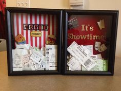 two framed movies with movie tickets on them