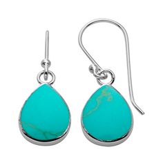 Complete any outfit with these sterling silver reconstituted turquoise teardrop earrings. Teardrop design lends vintage charm. Reconstituted turquoise inlays offer fashionable flair. Sterling silver construction promises lasting shine. Fishhook backings ensure a secure fit. Details:  7/8-in. diameter Pierced Sterling silver  Size: One Size. Color: Blue. Gender: female. Age Group: adult. Turquoise Teardrop Drop Earrings With Ear Wire, Turquoise Sterling Silver Teardrop Dangle Earrings, Hypoallergenic Turquoise Sterling Silver Teardrop Earrings, Hypoallergenic Turquoise Teardrop Earrings In Sterling Silver, Turquoise Teardrop Earrings, Hypoallergenic Turquoise Teardrop Jewelry, Nickel-free Turquoise Teardrop Earrings, Earrings Teardrop, Fish Hook