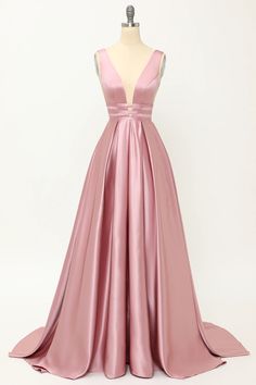 Zapaka Women A-line Blush V-neck Satin Long Prom Evening Party Dress – ZAPAKA Satin Long Prom Dress, Affordable Dresses, Sophisticated Dress, Floor Length Dresses, Long Prom Dress, Prom Party Dresses, Dress Size Chart, Evening Party