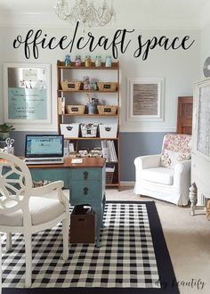 a home office decorated in black and white with the words coffeecraft space above it