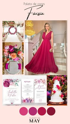 a woman in a red dress standing next to a wedding cake and flowers on display