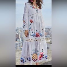 Questions? Leave A Comment Below! White Embroidered Floral Midi Dress, White Embroidered Long Sleeve Dress With Floral Print, White Long Sleeve Embroidered Dress With Floral Print, White Embroidered Midi Dress With Floral Print, White Embroidered Dress With Floral Embroidery For Vacation, White Embroidered Dress With Floral Print, Midi Length, White Embroidered Floral Maxi Dress, White Floral Embroidered Summer Dress, White Embroidered Maxi Dress With Floral Print