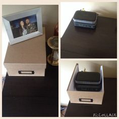 four different views of an electronic device in a box on top of a wooden table