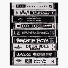 a black and white poster with different types of records on the front, including dr dre, beastie boys, de la soul, jazz, ressorable doubt