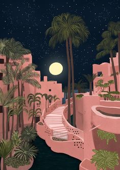 a painting of a city at night with palm trees and stairs leading up to the sky